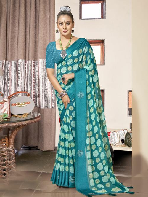 turquoise printed saree with blouse - 20585131 - Very Small Image - 1