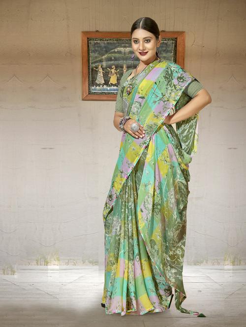 neo mint printed saree with blouse - 20585144 - Very Small Image - 1
