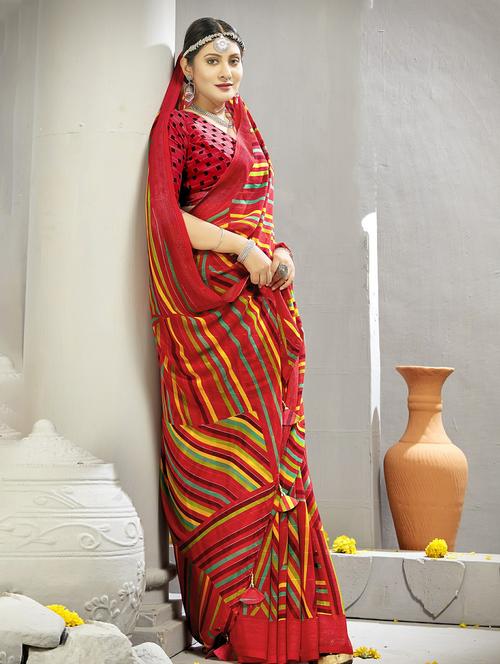 stripes printed saree with tassels with blouse - 20585150 - Very Small Image - 1