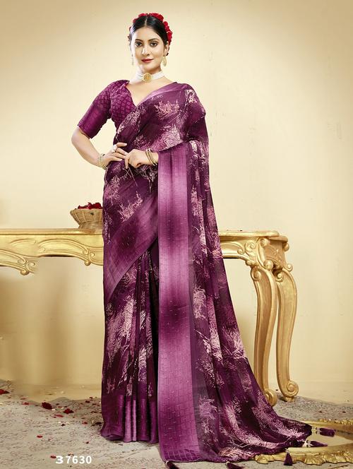 women's solid with work purple colored saree - 20585158 - Very Small Image - 1