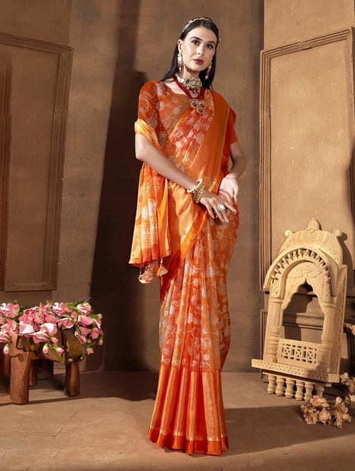 orange chiffon printed saree with blouse - 20585172 - Very Small Image - 1