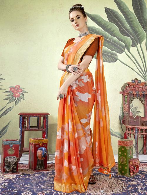 orange chiffon printed saree with blouse - 20585184 - Very Small Image - 1