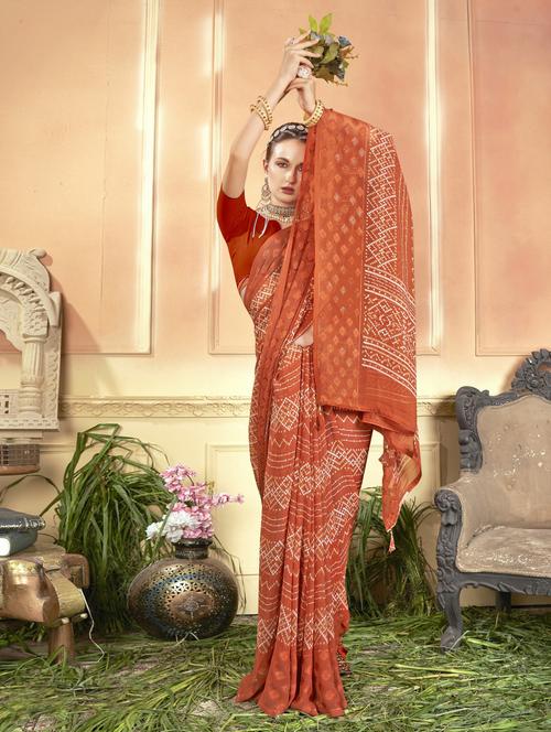 orange georgette printed saree with blouse - 20585189 - Very Small Image - 1