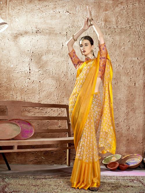 yellow chiffon printed saree with blouse - 20585193 - Very Small Image - 1
