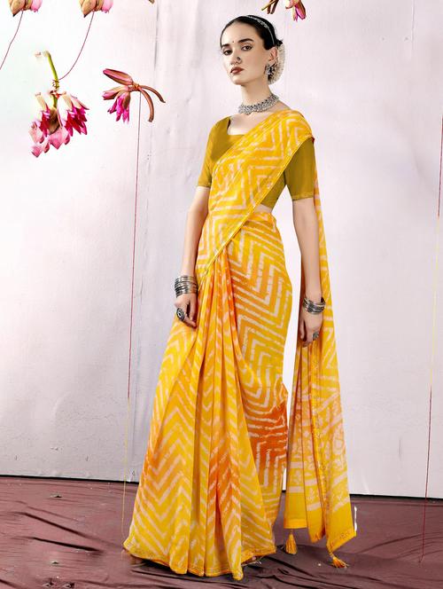 yellow georgette printed saree with blouse - 20585207 - Very Small Image - 1