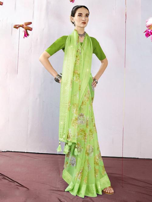 green georgette printed saree with blouse - 20585212 - Very Small Image - 1