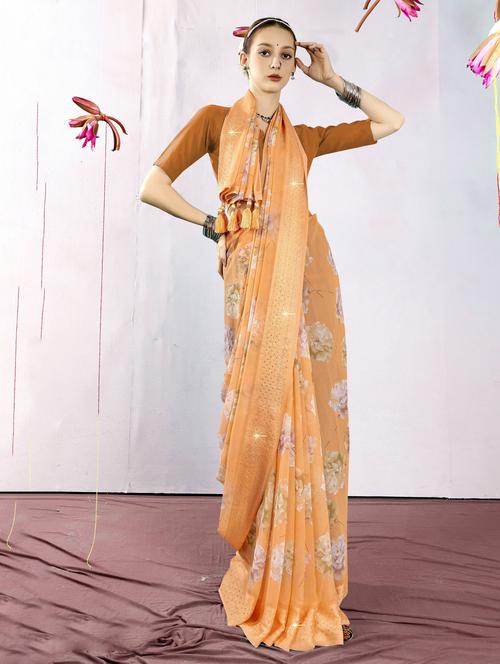 orange georgette printed saree with blouse - 20585213 - Very Small Image - 1