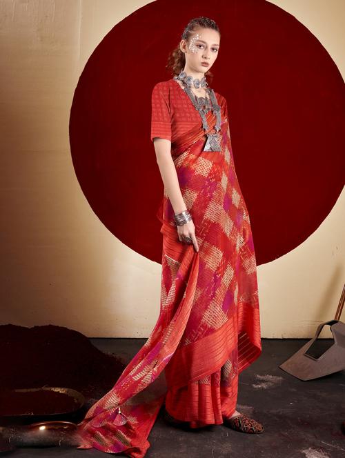 red georgette printed saree with blouse - 20585240 - Very Small Image - 1