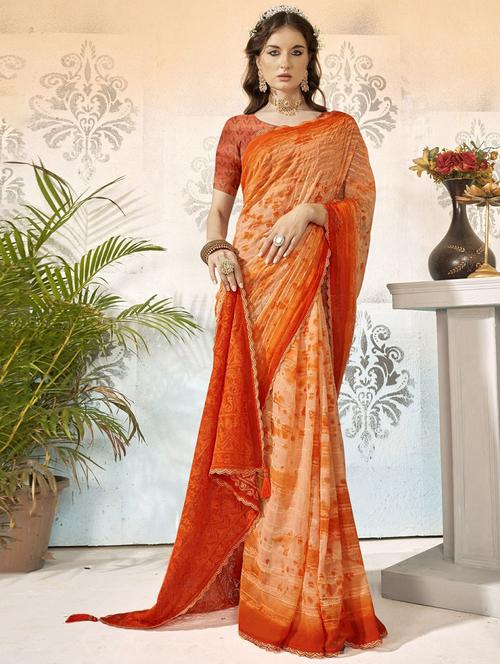 orange georgette printed saree with blouse - 20585255 - Very Small Image - 1
