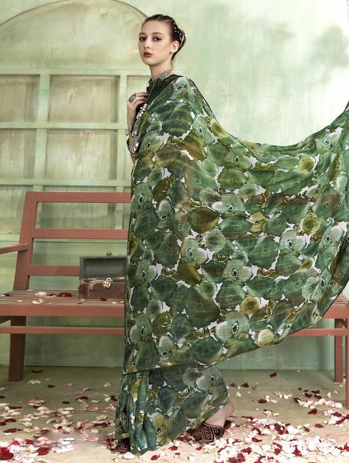 women's floral green colored saree with blouse - 20585261 - Very Small Image - 1