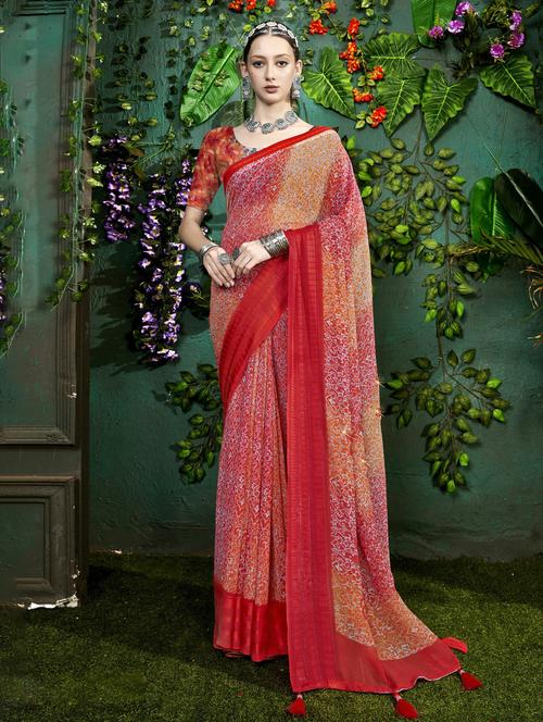 red georgette printed saree - 20585265 - Very Small Image - 1