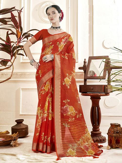 orange linen printed saree - 20585288 - Very Small Image - 1