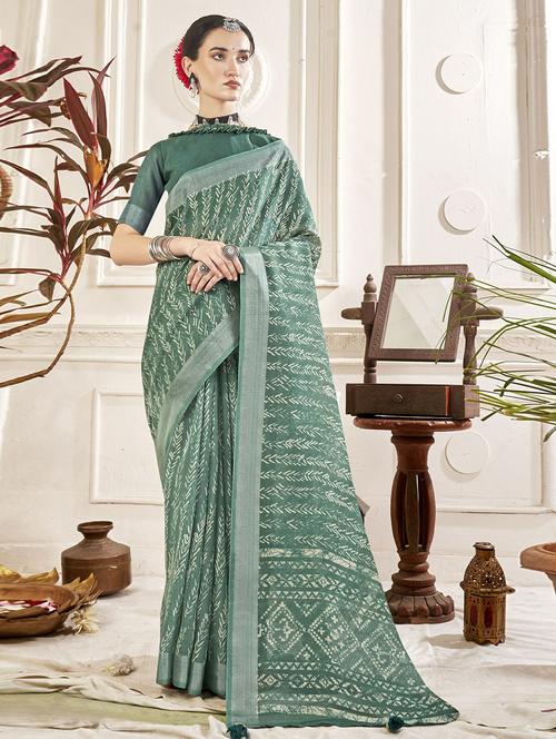 teal linen printed saree - 20585289 - Very Small Image - 1