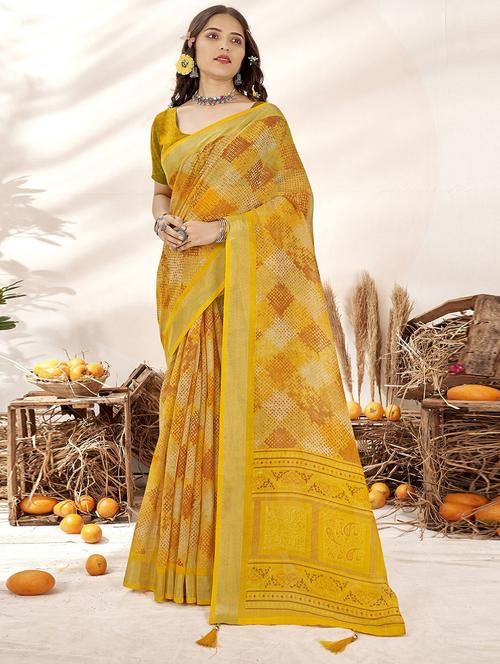 yellow linen printed saree with blouse - 20585302 - Very Small Image - 1