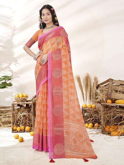 orange printed saree with blouse - 20585307 - Very Small Image - 1