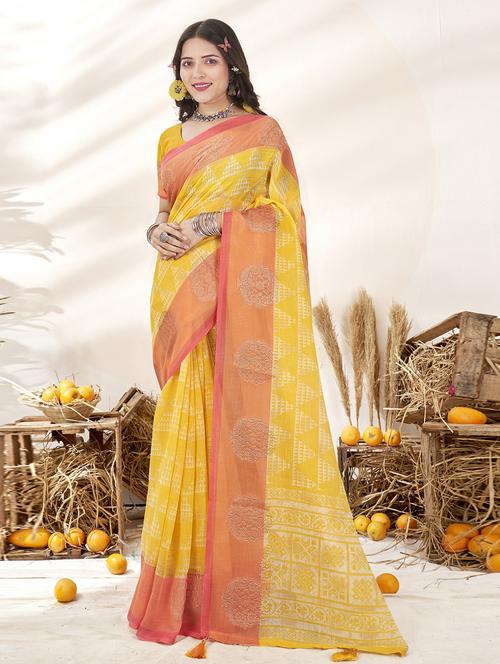 yellow printed saree with blouse - 20585311 - Very Small Image - 1