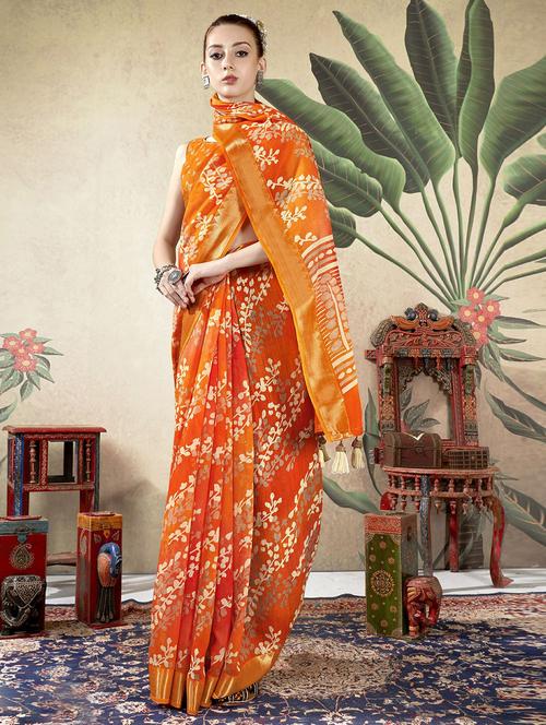 orange linen printed saree with blouse - 20585313 - Very Small Image - 1