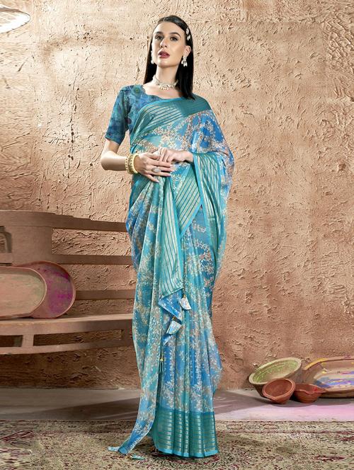 blue chiffon printed saree with blouse - 20585331 - Very Small Image - 1