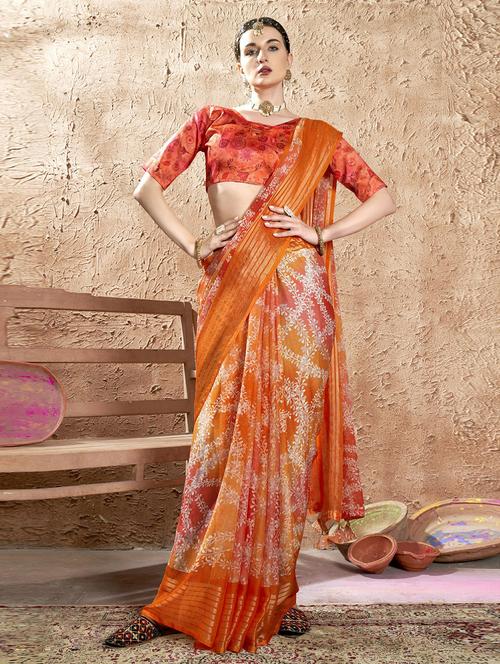 orange chiffon printed saree - 20585336 - Very Small Image - 1