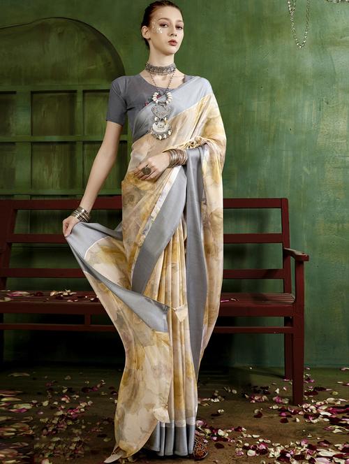 beige printed saree with blouse - 20585343 - Very Small Image - 1