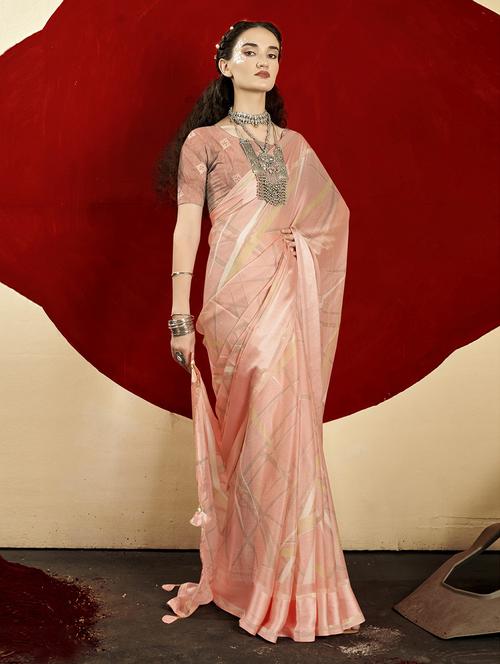 peach chiffon printed saree with blouse - 20585360 - Very Small Image - 1
