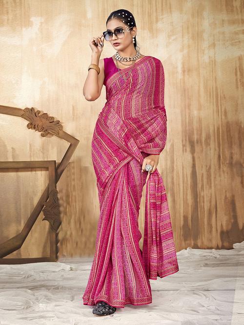 pink georgette printed saree with blouse - 20585367 - Very Small Image - 1