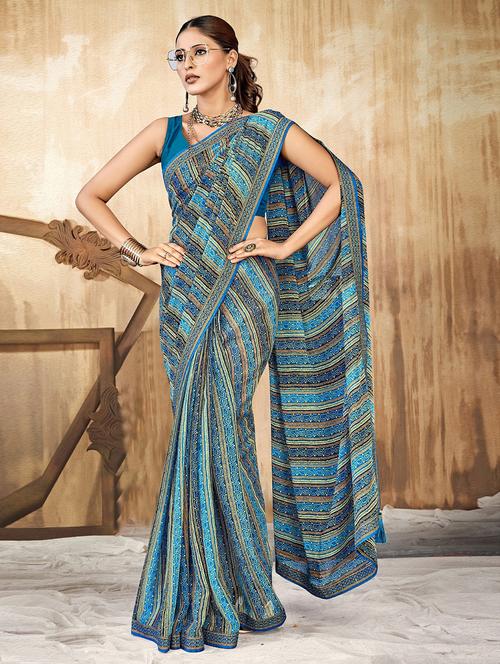 blue georgette printed saree with blouse - 20585368 - Very Small Image - 1