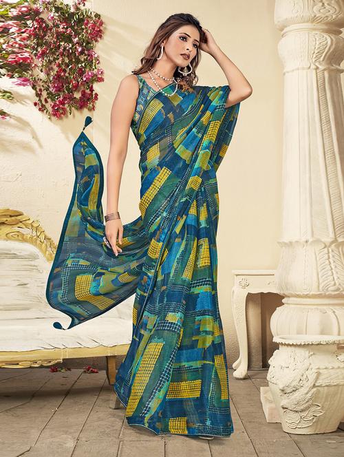 teal printed saree with blouse - 20585393 - Very Small Image - 1