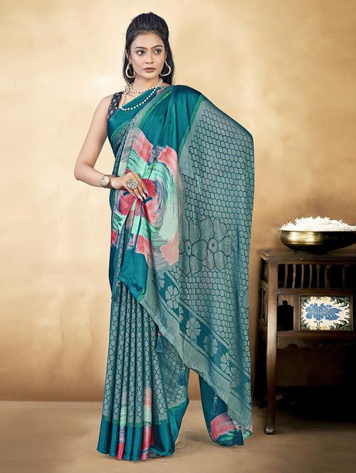 teal brasso printed saree with blouse - 20585407 - Very Small Image - 1