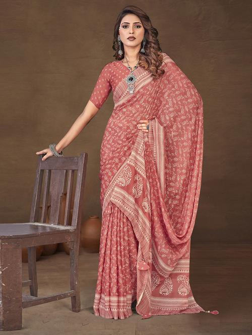 pink georgette printed saree with blouse - 20585419 - Very Small Image - 1