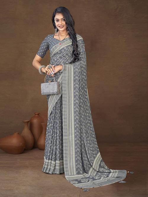 grey georgette printed saree with blouse - 20585420 - Very Small Image - 1