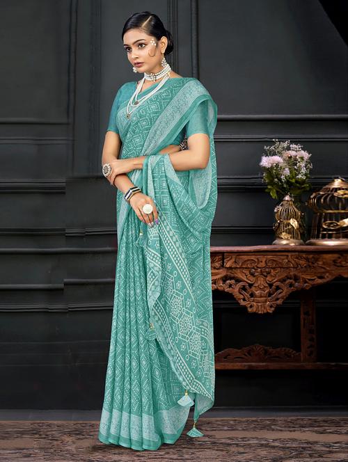 turquoise chiffon printed saree with blouse - 20585424 - Very Small Image - 1