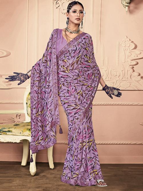 purple georgette printed saree with blouse - 20585432 - Very Small Image - 1