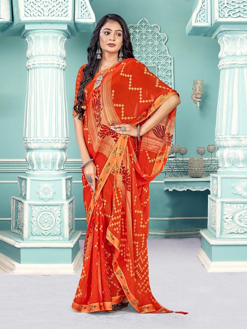 orange georgette printed saree with blouse - 20585446 - Very Small Image - 1