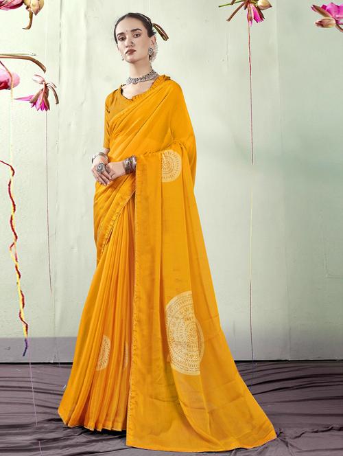 yellow chiffon printed saree - 20585459 - Very Small Image - 1