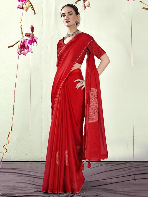 red chiffon printed saree with blouse - 20585460 - Very Small Image - 1