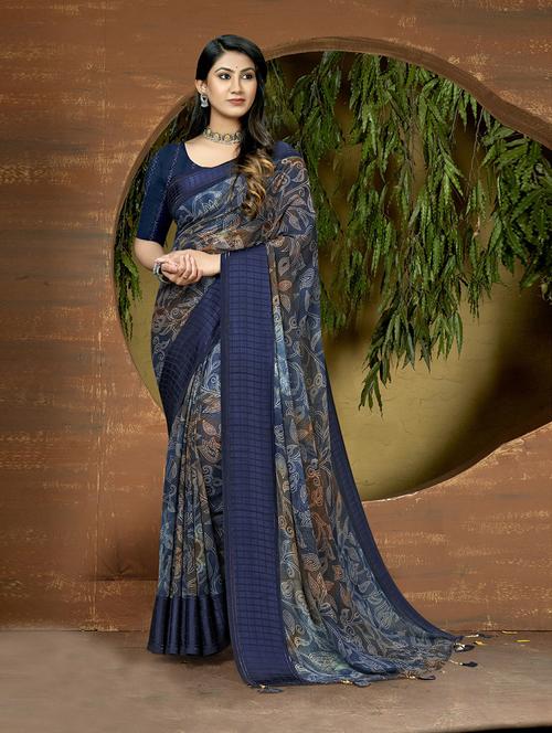 women's printed navy blue colored saree with blouse - 20585480 - Very Small Image - 1