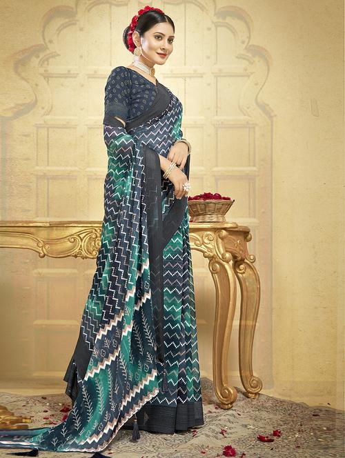 navy blue printed saree with blouse - 20585487 - Very Small Image - 1