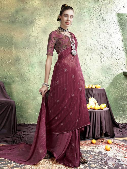 burgundy embellished saree - 20585498 - Very Small Image - 1