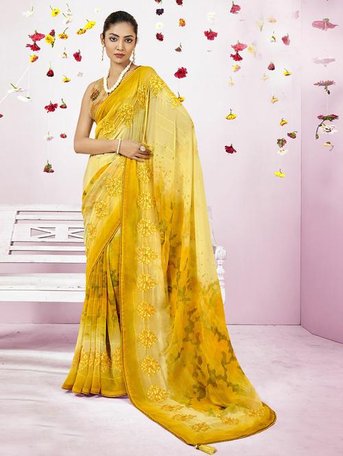 yellow georgette embroidered saree with blouse - 20585524 - Very Small Image - 1