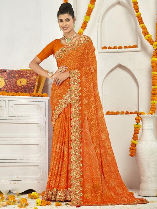 orange embroidered bandhani saree with blouse - 20585529 - Very Small Image - 1