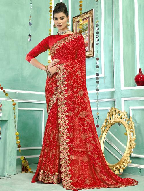 red embroidered bandhani saree with blouse - 20585532 - Very Small Image - 1