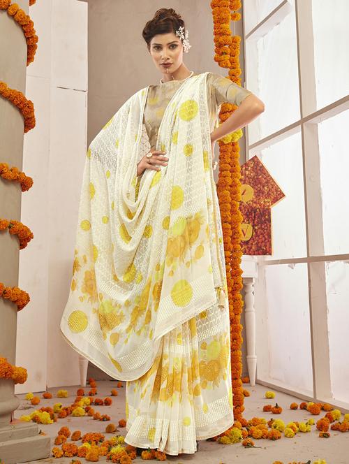 off white printed saree - 20585544 - Very Small Image - 1