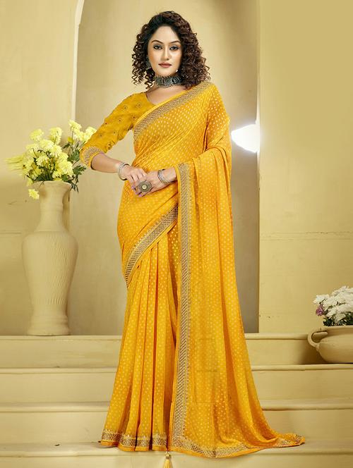 yellow bandhani embroidered saree with blouse - 20585557 - Very Small Image - 1