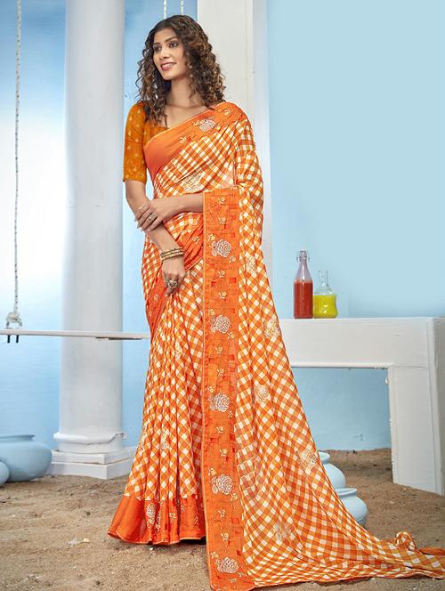 orange checkered embroidered printed saree with blouse - 20585592 - Very Small Image - 1