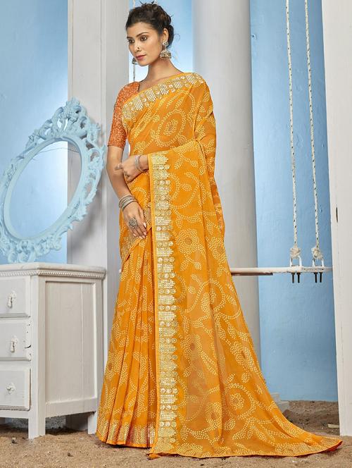 yellow embroidered bordered printed saree with blouse - 20585598 - Very Small Image - 1