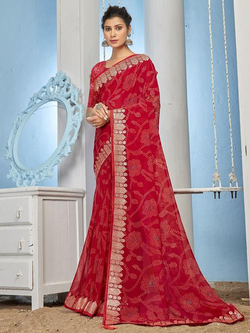 red embroidered bordered printed saree with blouse - 20585599 - Very Small Image - 1