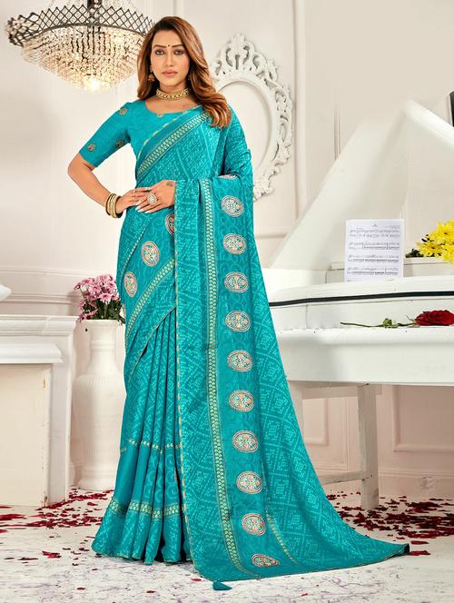 turquoise bandhani printed saree with blouse - 20585605 - Very Small Image - 1