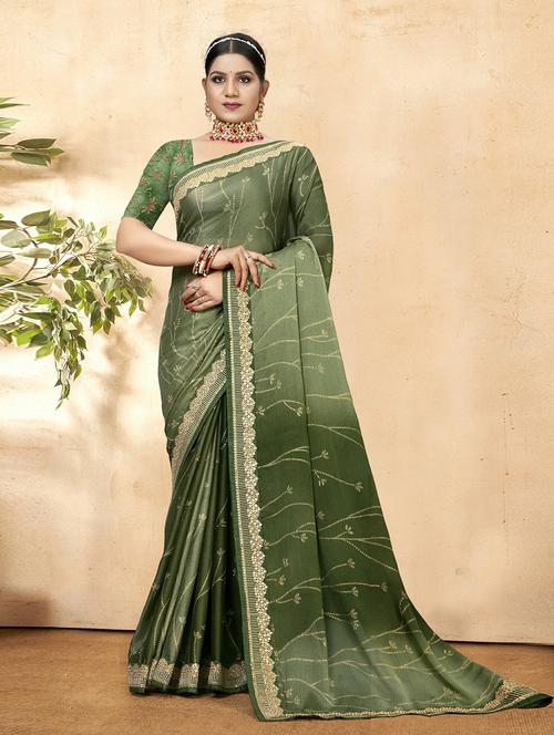 green printed bordered saree - 20585613 - Very Small Image - 1