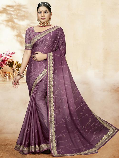 purple printed bordered saree with blouse - 20585617 - Very Small Image - 1